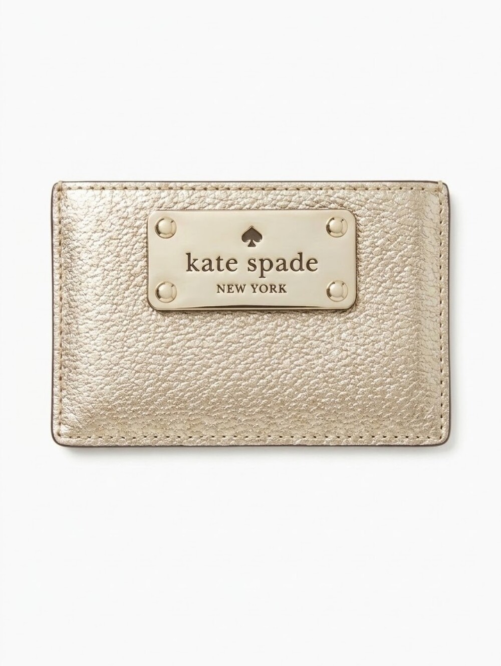 kate spade Metallic Gold Pebbled Leather Card Holder with Logo Plaque